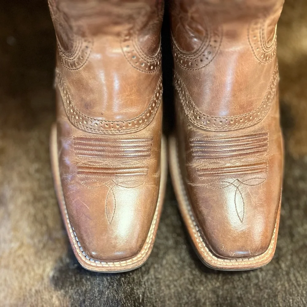 BROWN BOOTS SQUARE TOE RIDING HEEL LADY 8 MEN 7D ARIAT SPUR SHELF STITCH UNISEX - Picture 8 of 15